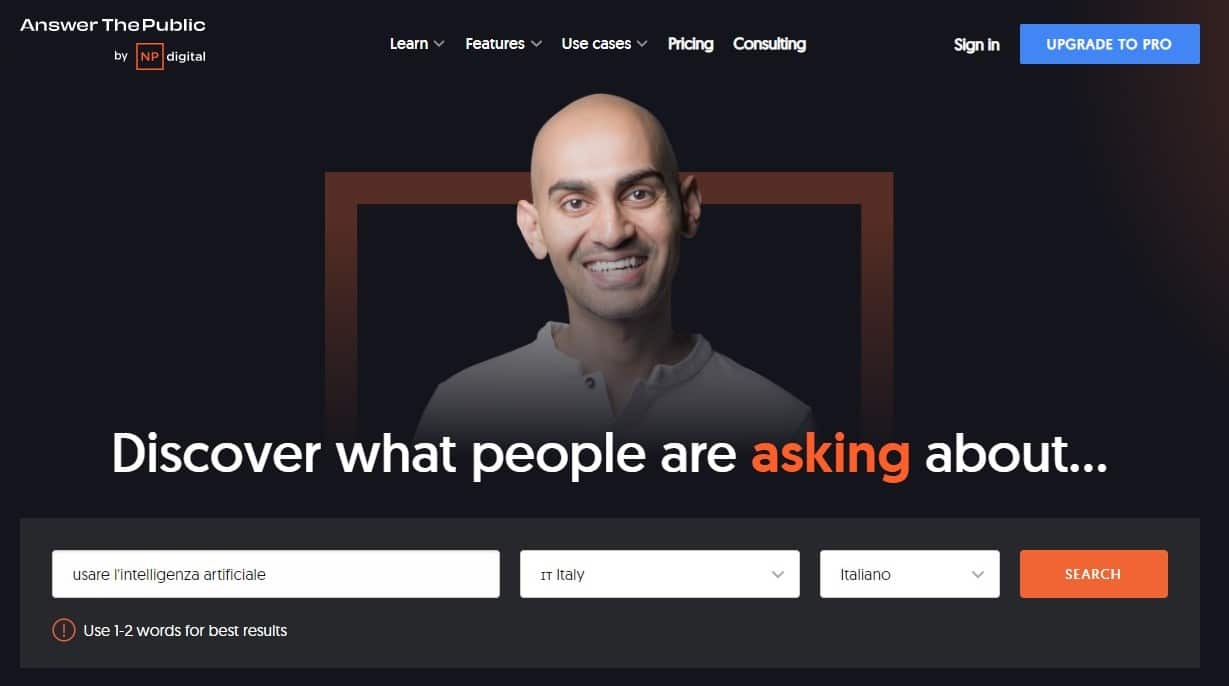 home page di answerthepublic.com